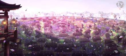 Anime-style HD desktop wallpaper featuring a vibrant building surrounded by glowing lanterns and falling petals, creating a serene and enchanting atmosphere.