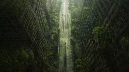 HD desktop wallpaper of a post-apocalyptic scene from the video game Wasteland 2. An overgrown, abandoned city street stretches into the distance, flanked by dilapidated buildings covered in greenery.