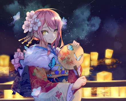 HD anime desktop wallpaper featuring Medb from Fate/Grand Order in a detailed kimono, holding a fan with butterflies and lanterns glowing softly in the night background.