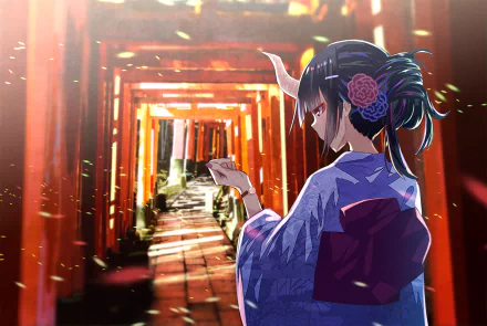 HD anime PC desktop wallpaper featuring an original character in a traditional kimono standing amidst glowing red torii gates with falling petals and floating lights.
