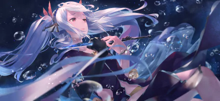 HD PC desktop wallpaper from the video game Grimm Notes, featuring a white-haired character surrounded by water and bubbles in a mystical underwater scene.