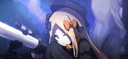 HD PC desktop wallpaper featuring Abigail Williams from the anime Fate/Grand Order, depicted with a focused expression and a large weapon against a starry background.