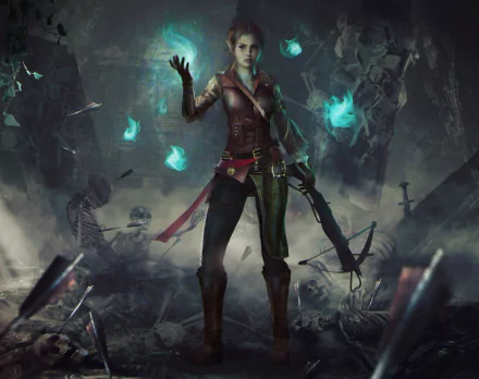 A fantasy HD wallpaper featuring a female elf warrior wielding a crossbow and magic, surrounded by glowing blue spirits and skeletons in a dark, mystical setting.