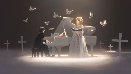 Anime HD wallpaper of Elisabeth von Wettin singing from a book beside a pianist at a white grand piano in a moonlit cemetery, doves circling — evokes Sound Horizon’s Märchen von Friedhof.