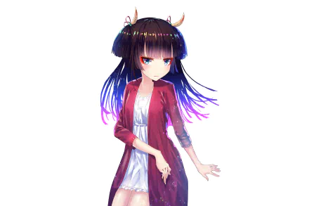 Original anime HD PC wallpaper: horned girl with black-to-purple hair in a white dress and maroon robe against a soft white background.