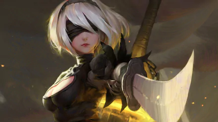 HD desktop wallpaper featuring YoRHa No.2 Type B from the video game NieR: Automata, in a dynamic pose with her sword, set against a moody, artistic background.