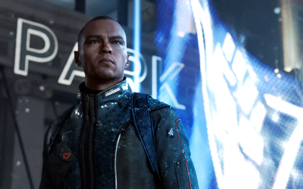 High-resolution 4K Ultra HD PC desktop wallpaper featuring Markus from the video game Detroit: Become Human, standing in a futuristic urban environment.