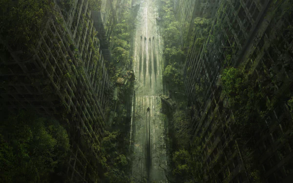 HD desktop wallpaper of a post-apocalyptic scene from the video game Wasteland 2. An overgrown, abandoned city street stretches into the distance, flanked by dilapidated buildings covered in greenery.