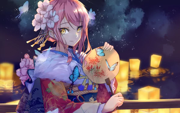 HD anime desktop wallpaper featuring Medb from Fate/Grand Order in a detailed kimono, holding a fan with butterflies and lanterns glowing softly in the night background.
