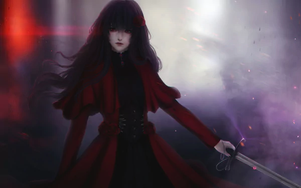 HD anime wallpaper featuring an original character with long hair in a red dress, wielding a sword. The background is dark and atmospheric, with a rose theme subtly integrated.