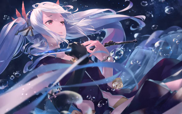 HD PC desktop wallpaper from the video game Grimm Notes, featuring a white-haired character surrounded by water and bubbles in a mystical underwater scene.