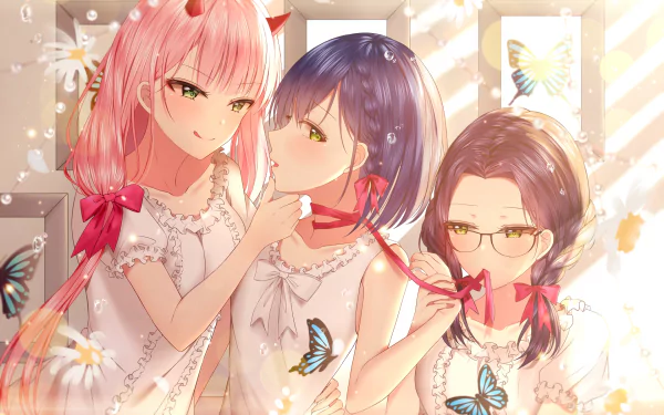 HD desktop wallpaper featuring Ikuno, Ichigo, and Zero Two from Darling in the FranXX anime, adorned with butterflies and flowers in a light, sunny atmosphere.