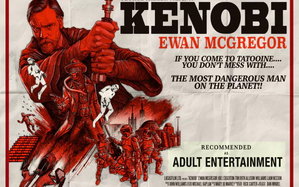 HD desktop wallpaper featuring Ewan McGregor as Obi-Wan Kenobi with stormtroopers and Star Wars-themed text promoting the Kenobi movie.