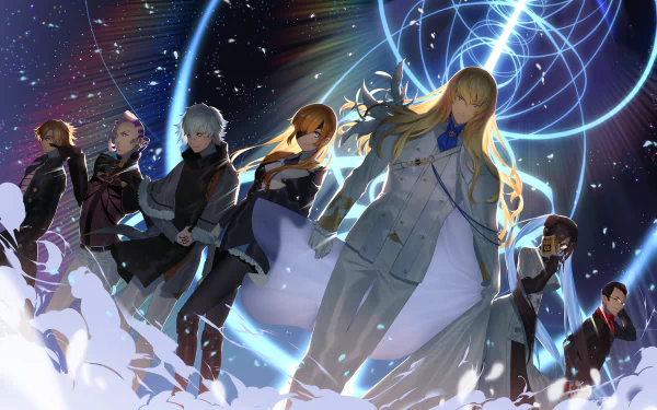 HD PC desktop wallpaper of Kadoc Zemlupus with Fate/Grand Order anime characters standing amid cosmic lights and glowing magical sigils.