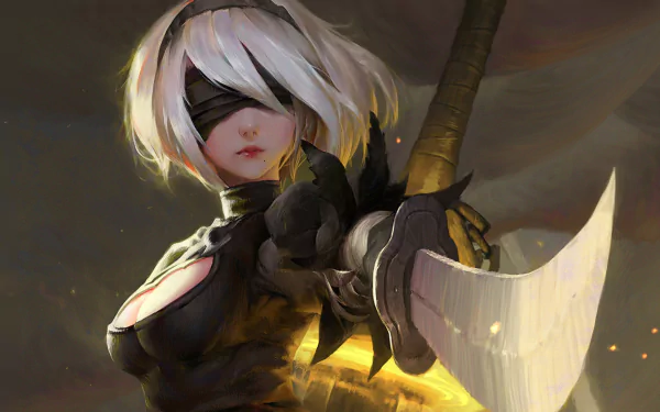 HD desktop wallpaper featuring YoRHa No.2 Type B from the video game NieR: Automata, in a dynamic pose with her sword, set against a moody, artistic background.