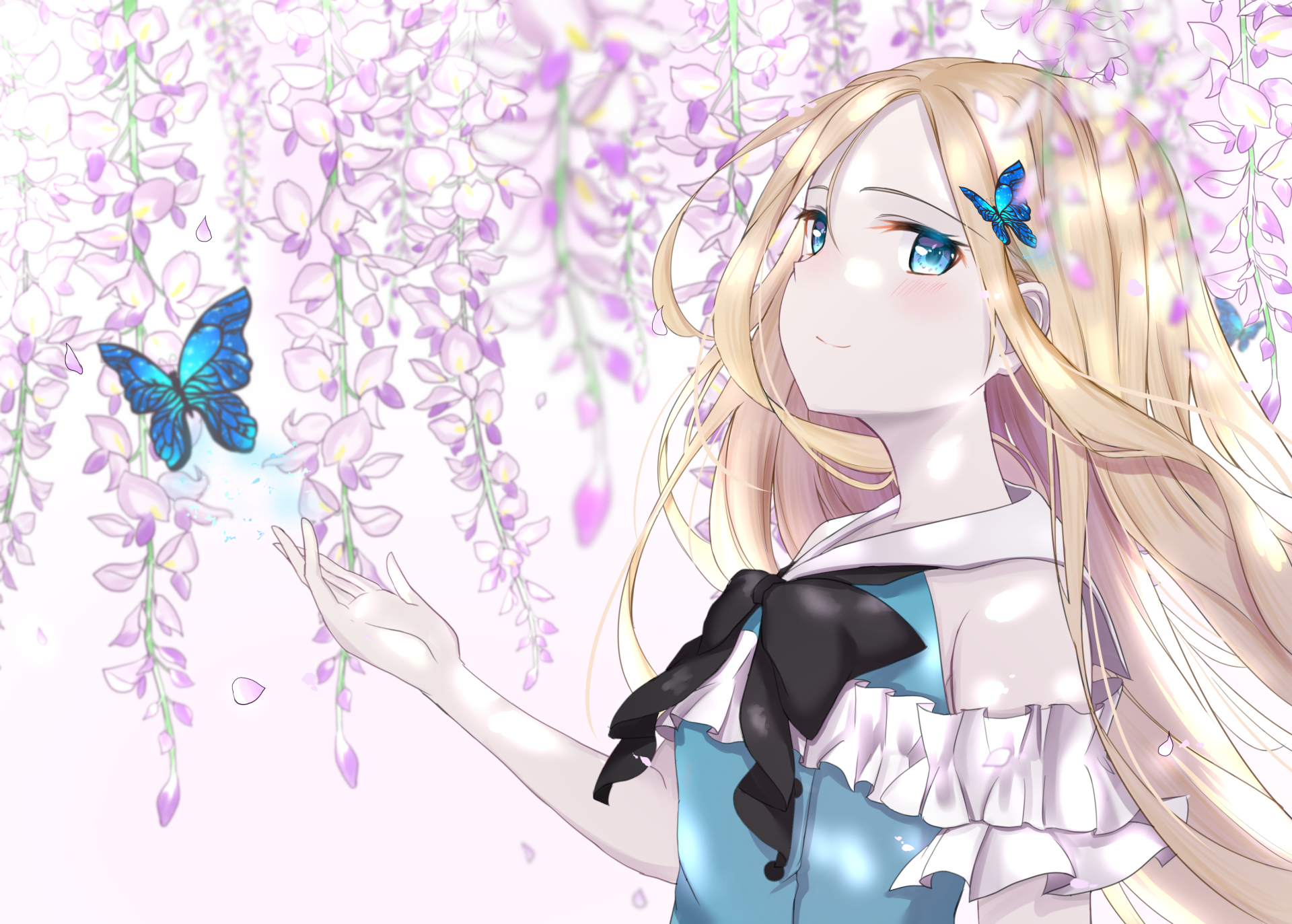 Abigail Williams (Fate/Grand Order) anime HD PC desktop wallpaper: blonde, blue‑eyed girl in a frilled dress reaches for a blue butterfly beneath cascading wisteria flowers.