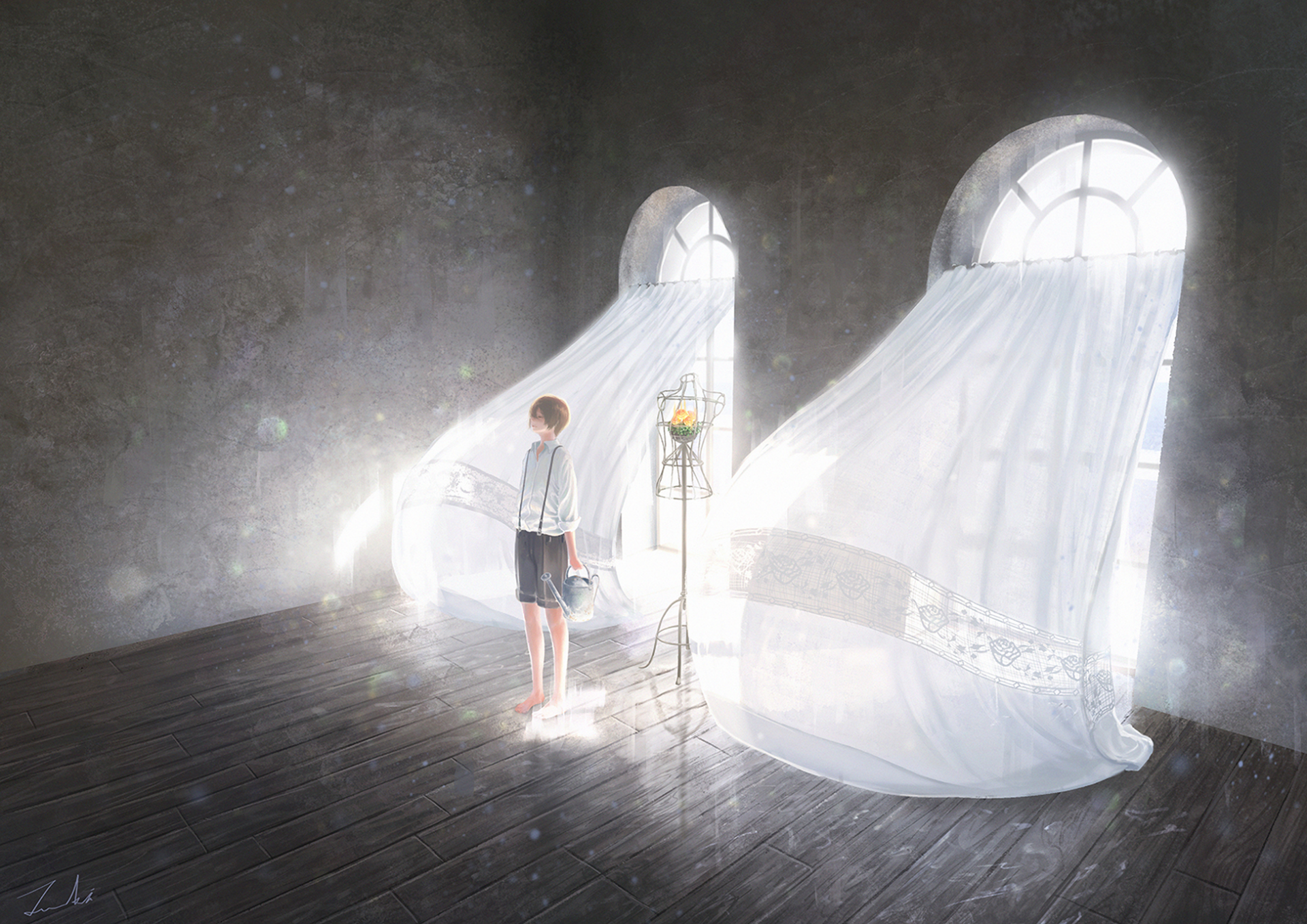 Original anime HD PC desktop wallpaper and background: short brown-haired character stands in a sunlit room as sheer white curtains billow and light spills across a wooden floor.