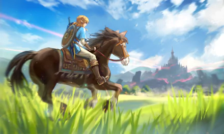 Link from the video game The Legend of Zelda: Breath of the Wild rides a horse across sunlit grassy plains toward a distant castle — HD PC desktop wallpaper.