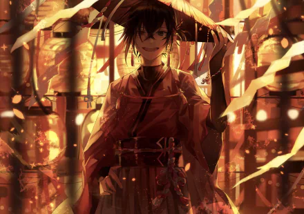 Anime original character with short black hair and a hat, smiling softly amidst glowing lanterns in a warm, detailed HD PC desktop wallpaper background.