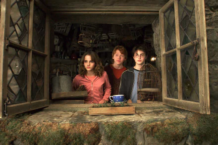 HD desktop wallpaper featuring Harry Potter, Ron Weasley, and Hermione Granger from the movie Harry Potter and the Prisoner of Azkaban, looking out from a rustic window.
