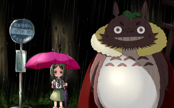 4K Ultra HD anime desktop wallpaper featuring a crossover between My Neighbor Totoro and Fate/Zero, showing a girl with an umbrella next to Totoro in the rain.