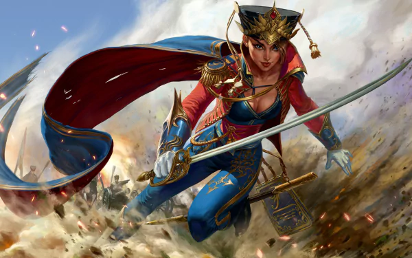 HD desktop wallpaper of Fiora, the woman warrior from League of Legends, poised with her sword in a dynamic battle scene from the video game.