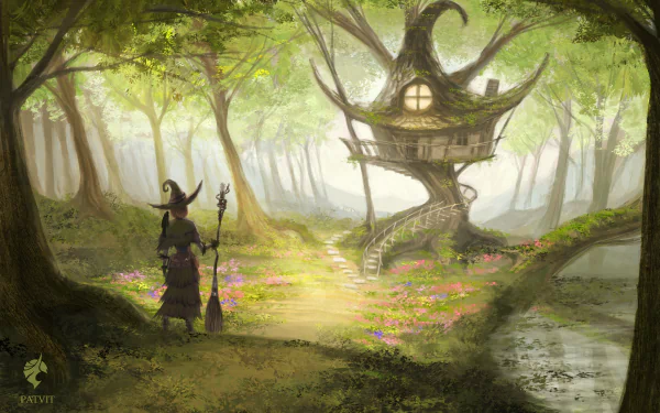 broom forest tree house witch hat fantasy witch HD Desktop Wallpaper | Background Image