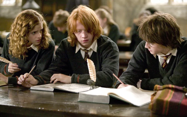 HD desktop wallpaper featuring Emma Watson as Hermione Granger, Rupert Grint as Ron Weasley, and Daniel Radcliffe as Harry Potter in a scene from Harry Potter and the Goblet of Fire.