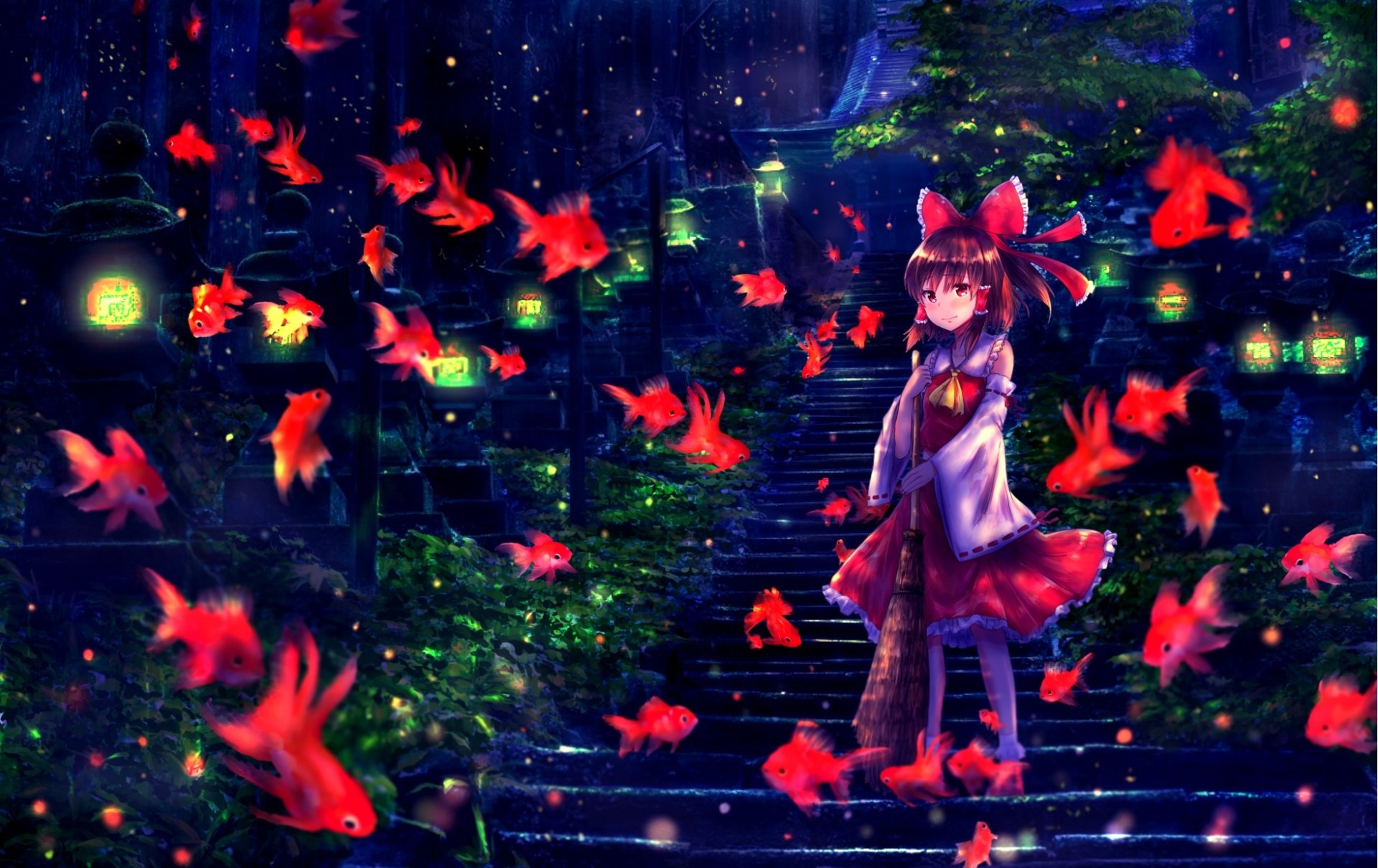 Download Reimu Hakurei Red Hair Fish Anime Touhou HD Wallpaper by はる🦋