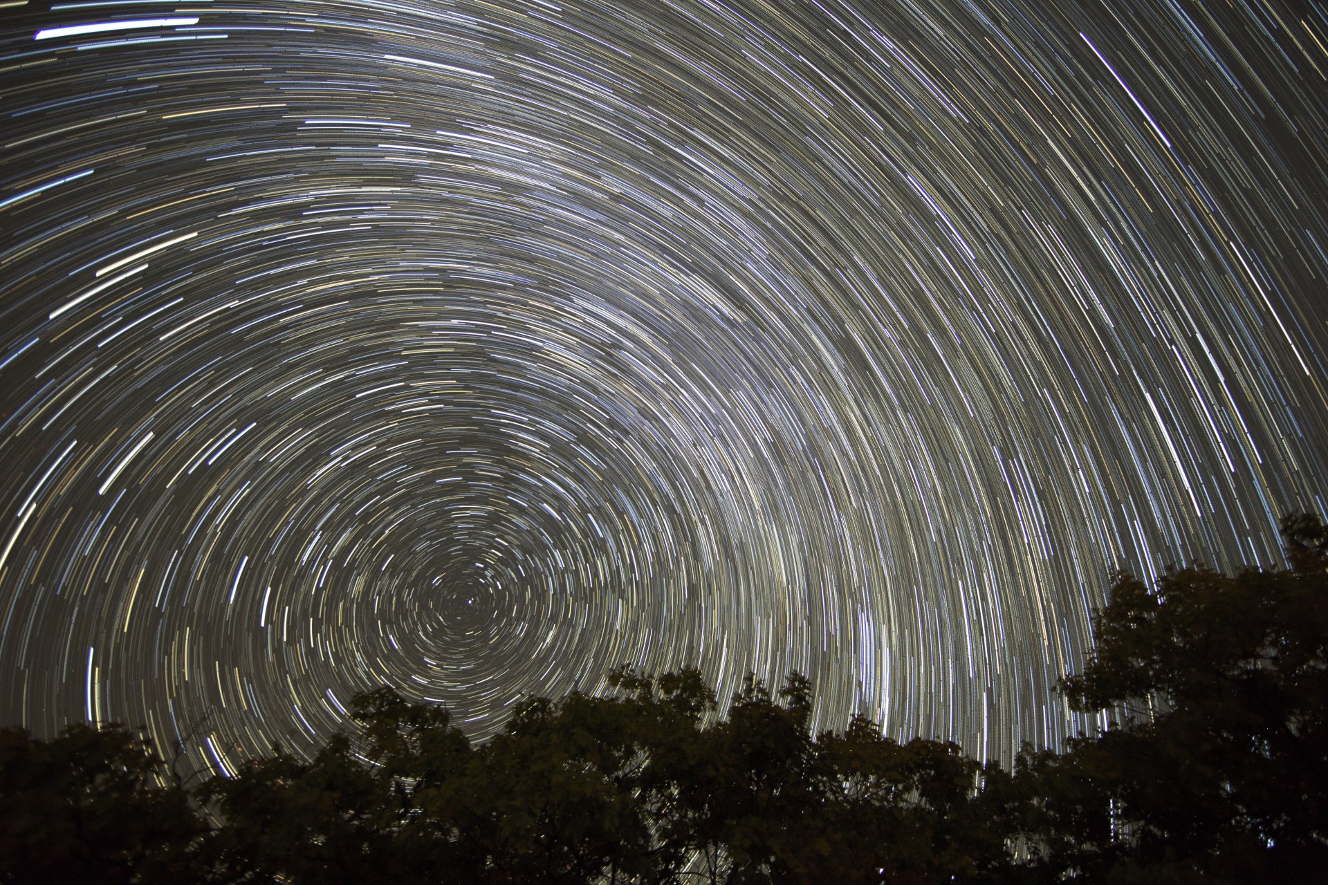 A 4K Ultra HD desktop wallpaper capturing a night sky with star trails swirling above silhouetted trees in a natural landscape.