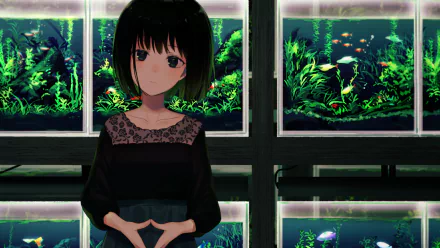 Anime girl sitting in front of aquariums, surrounded by vibrant aquatic plants and fish. A captivating HD desktop wallpaper and background that adds charm and color.