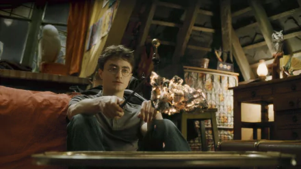 HD PC desktop wallpaper featuring Harry Potter from the movie Harry Potter and the Half-Blood Prince, seated in a dimly lit, cozy attic setting.