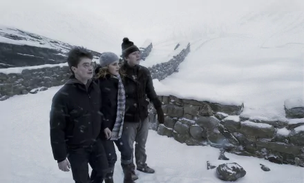 HD desktop wallpaper from the movie Harry Potter and the Half-Blood Prince, featuring Ron Weasley, Hermione Granger, and Harry Potter walking through a snowy landscape.