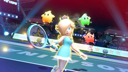HD wallpaper of Rosalina from Mario Tennis Aces, poised with a tennis racket on the court, with Luma characters floating nearby.