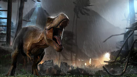 HD desktop wallpaper from Jurassic World: Evolution featuring a roaring dinosaur in a misty park setting.