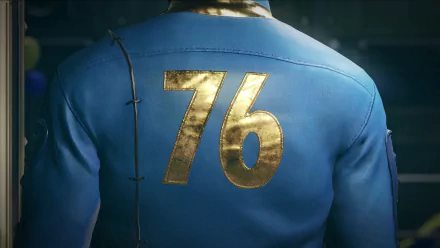 HD PC desktop wallpaper of Fallout 76: close-up rear view of a blue Vault 76 jumpsuit with a weathered gold 76 emblem.