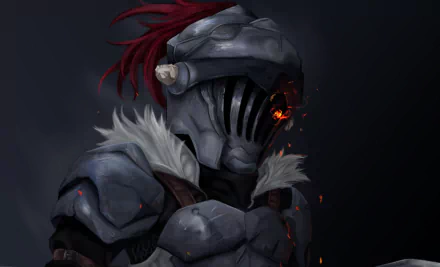 HD desktop wallpaper featuring Goblin Slayer from the anime, showcasing a close-up of the armored character with a fierce expression.