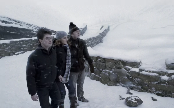 HD desktop wallpaper from the movie Harry Potter and the Half-Blood Prince, featuring Ron Weasley, Hermione Granger, and Harry Potter walking through a snowy landscape.
