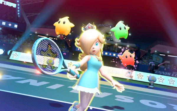 HD wallpaper of Rosalina from Mario Tennis Aces, poised with a tennis racket on the court, with Luma characters floating nearby.