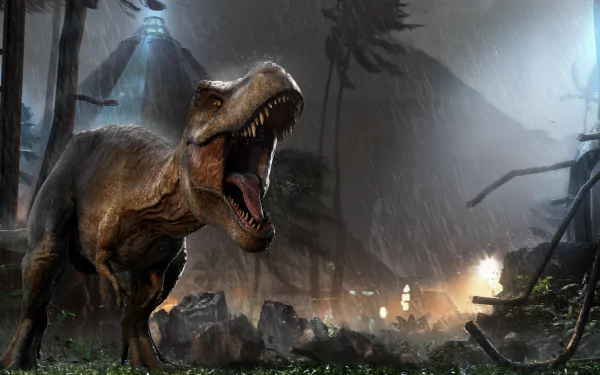 HD desktop wallpaper from Jurassic World: Evolution featuring a roaring dinosaur in a misty park setting.