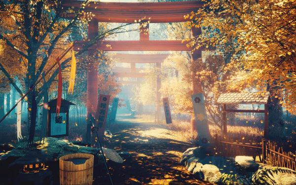 HD desktop wallpaper featuring a beautiful oriental Shinto shrine path in Japan, bathed in warm sunlight with vibrant autumn foliage. The scene has a fantasy-like, serene atmosphere.