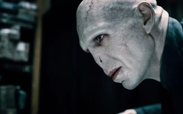 HD PC desktop wallpaper featuring Lord Voldemort from the movie Harry Potter and the Deathly Hallows: Part 1, showcasing his pale, menacing profile in dark surroundings.