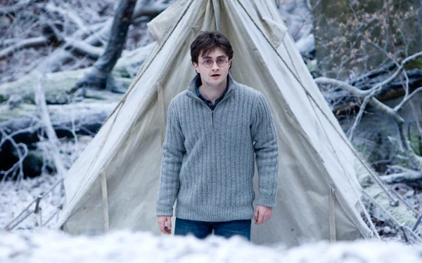 HD PC desktop wallpaper from the movie Harry Potter and the Deathly Hallows: Part 1 — Harry Potter stands in snow before a canvas tent, wearing a gray sweater.