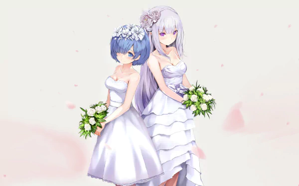 Anime HD wallpaper of Emilia and Rem from Re:Zero, wearing white wedding dresses with belts, holding flower bouquets, both smiling with blue and purple eyes.