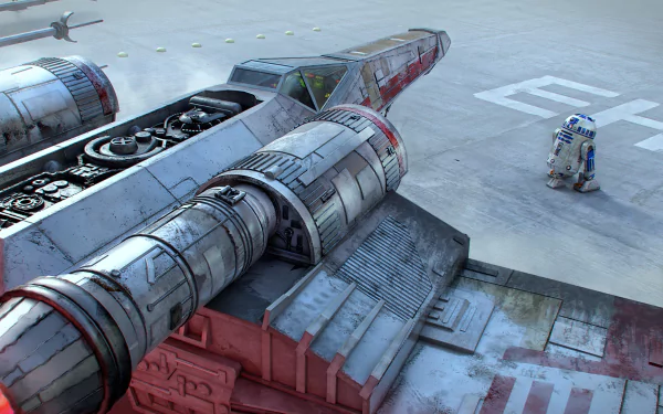 HD desktop wallpaper of Star Wars' Yavin Base featuring an X-Wing starfighter and R2-D2 on a landing pad. Sci-fi themed imagery with detailed spacecraft and the iconic droid.