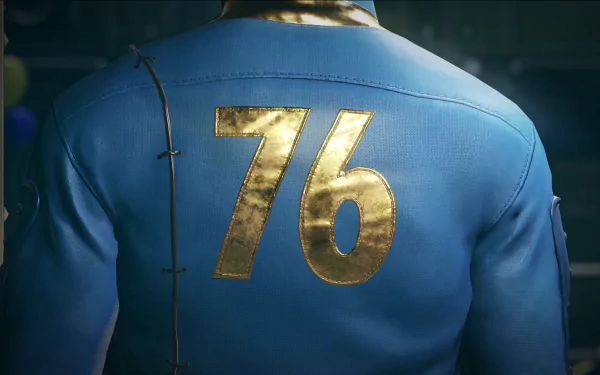 HD PC desktop wallpaper of Fallout 76: close-up rear view of a blue Vault 76 jumpsuit with a weathered gold 76 emblem.