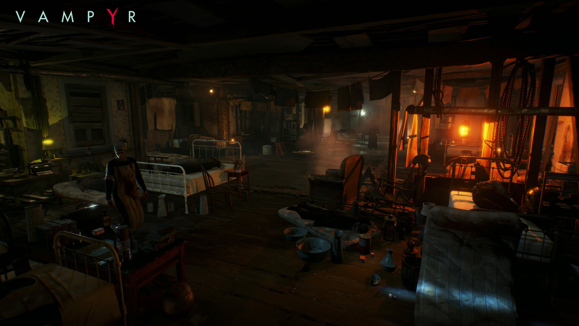 HD PC desktop wallpaper from the video game Vampyr, depicting a dimly lit, eerie hospital room with scattered beds and a warm light source in the background.
