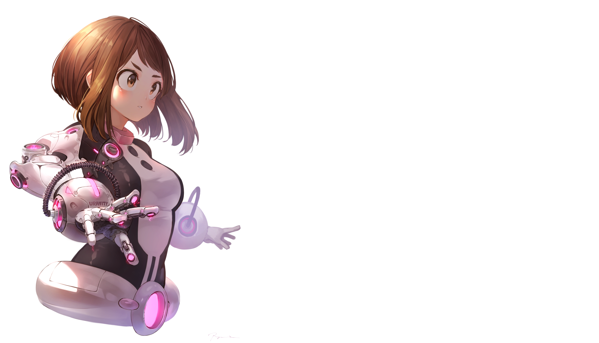 Ochaco Uraraka from My Hero Academia in her hero suit, floating with an outstretched hand on the left against white space — HD PC desktop wallpaper background.