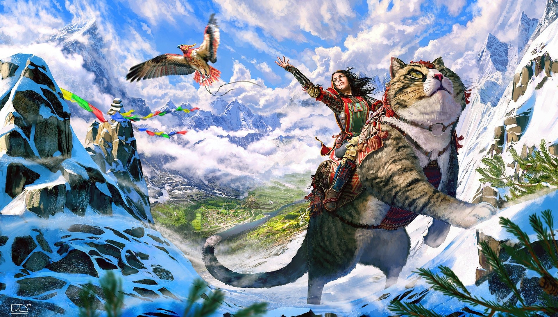 A fantasy HD desktop wallpaper featuring a woman riding a giant cat in a snowy mountain landscape, with an eagle soaring in the sky. The vibrant scene blends elements of nature and imagination.