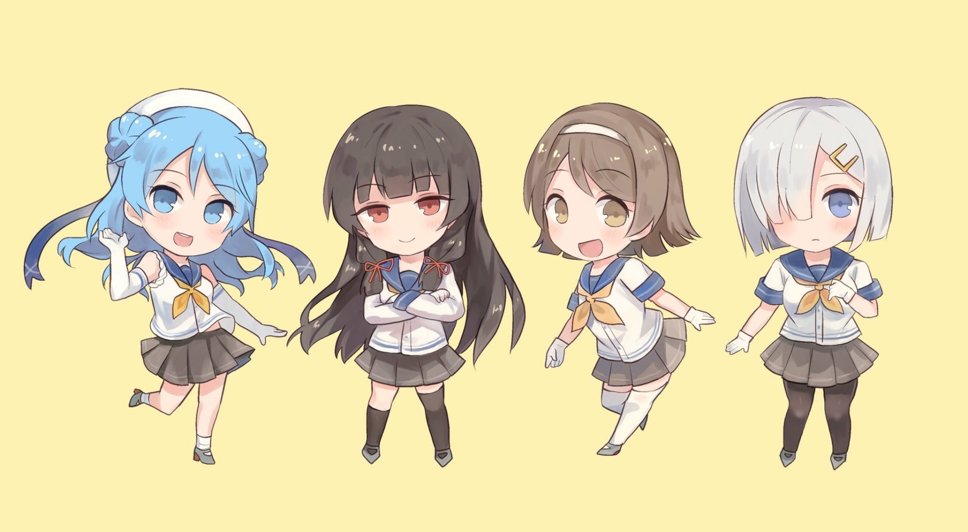 Chibi-style anime characters Urakaze, Tanikaze, Isokaze, and Hamakaze from Kantai Collection on a yellow background, featured as an HD PC desktop wallpaper.